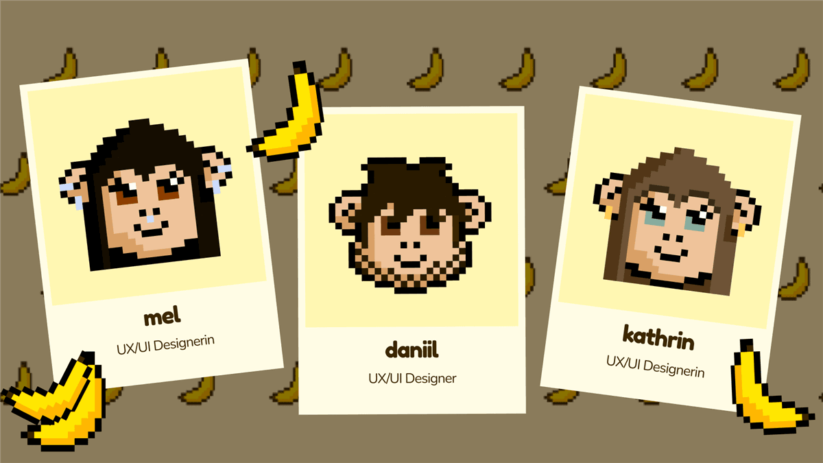 Das ApeStep-Team als Pixel-Art-Affen: mel, daniil und kathrin