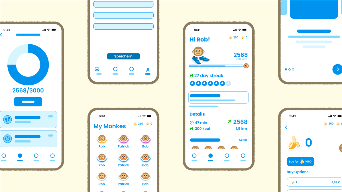 Wireframes der ApeStep-Screens